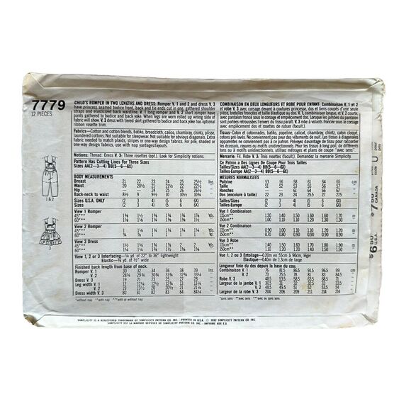 SIMPLICITY 7779 EASY PATTERN Childs Romper 2 Lengths Dress Size BB 5-6X UNCT - Picture 2 of 2